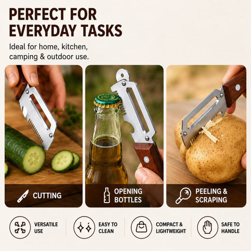 3-in-1 Stainless Steel Vegetable Peeler with Wooden Handle | Fruit & Potato Peeler with Bottle Opener