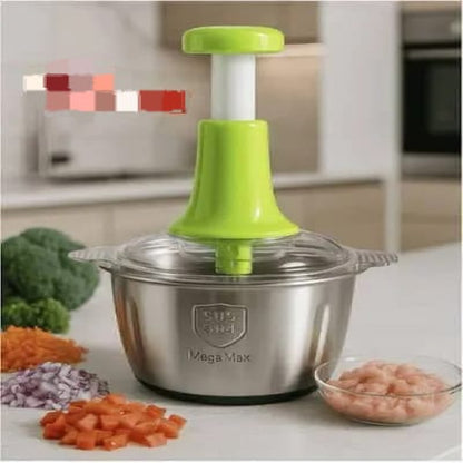 Manual Stainless Steel Multifunctional 2L Hand Push Chopper – 4 Curved Stainless Steel Blades Food Processor for Meat, Vegetables & Fruits