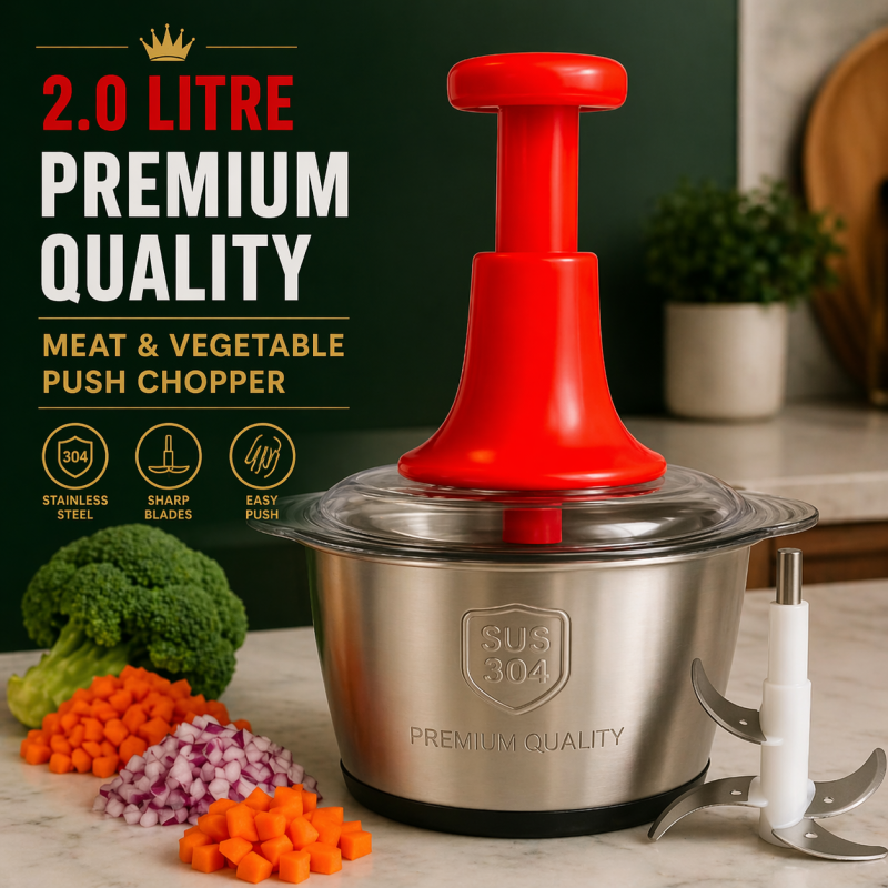 Manual Stainless Steel Multifunctional 2L Hand Push Chopper – 4 Curved Stainless Steel Blades Food Processor for Meat, Vegetables & Fruits