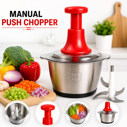 Manual Stainless Steel Multifunctional 2L Hand Push Chopper – 4 Curved Stainless Steel Blades Food Processor for Meat, Vegetables & Fruits