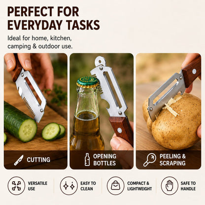 3-in-1 Stainless Steel Vegetable Peeler with Wooden Handle | Fruit & Potato Peeler with Bottle Opener