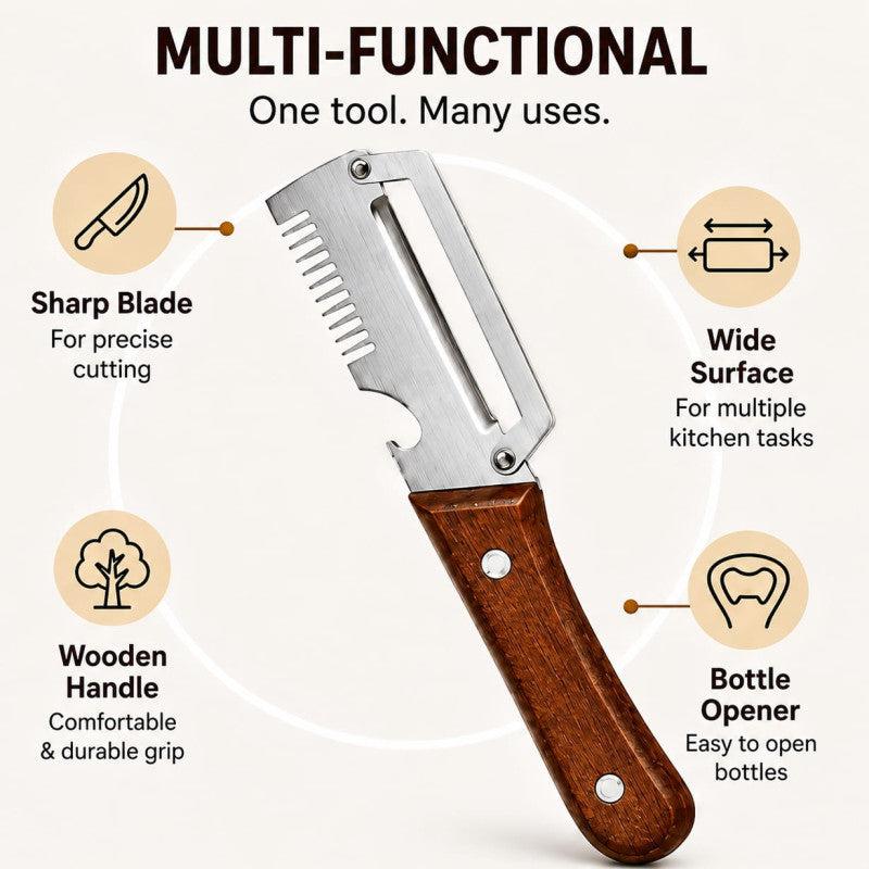 3-in-1 Stainless Steel Vegetable Peeler with Wooden Handle | Fruit & Potato Peeler with Bottle Opener