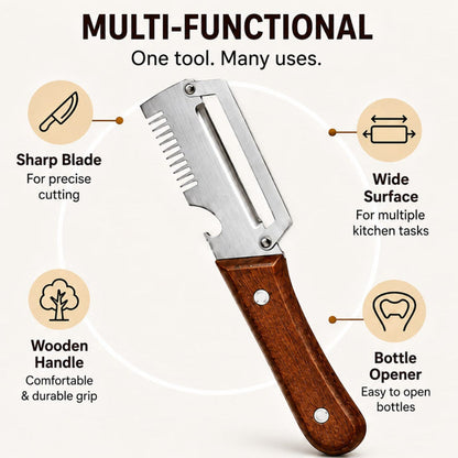 3-in-1 Stainless Steel Vegetable Peeler with Wooden Handle | Fruit & Potato Peeler with Bottle Opener