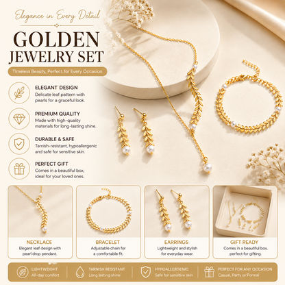 Golden Leaf Pearl Jewelry Set