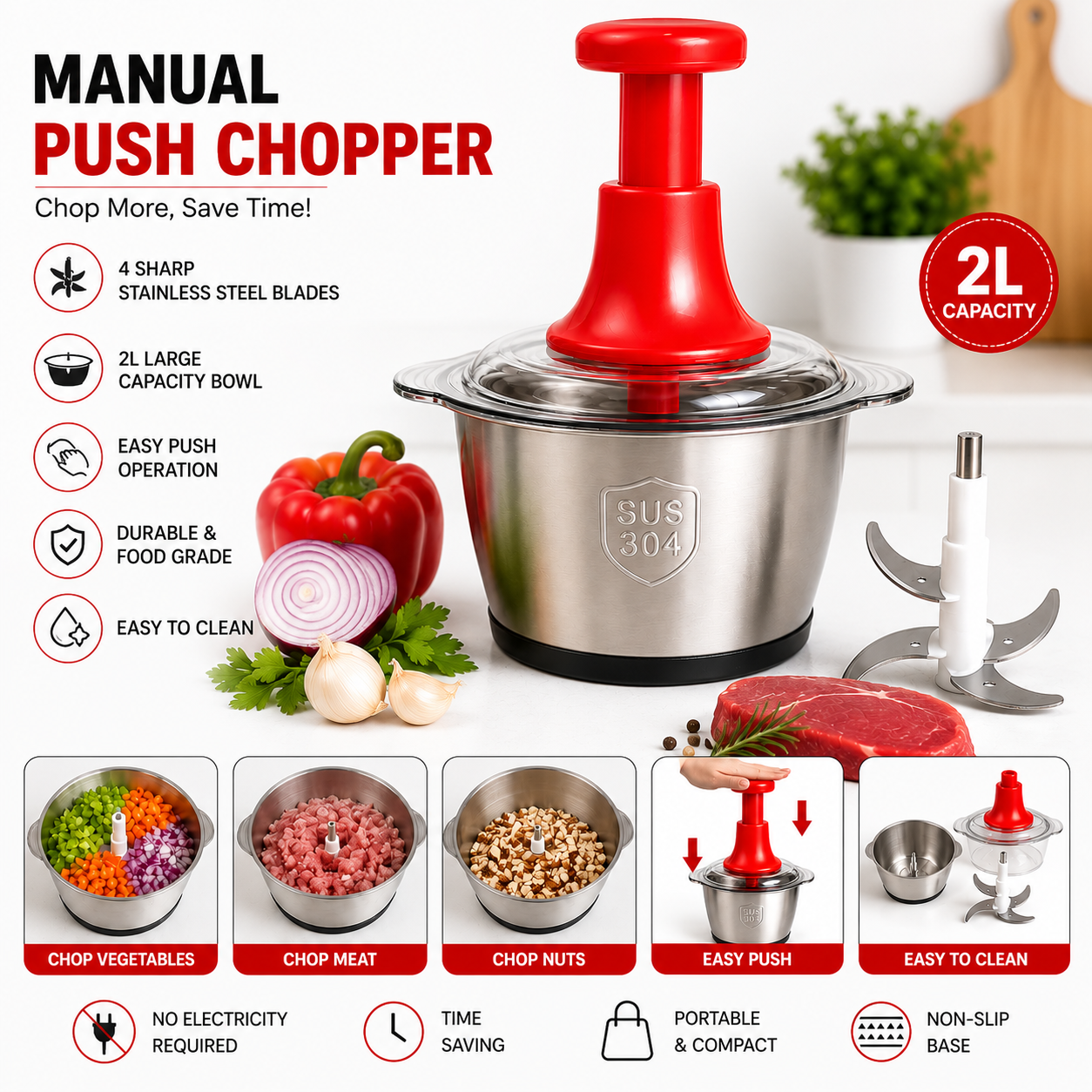 Manual Stainless Steel Multifunctional 2L Hand Push Chopper – 4 Curved Stainless Steel Blades Food Processor for Meat, Vegetables & Fruits