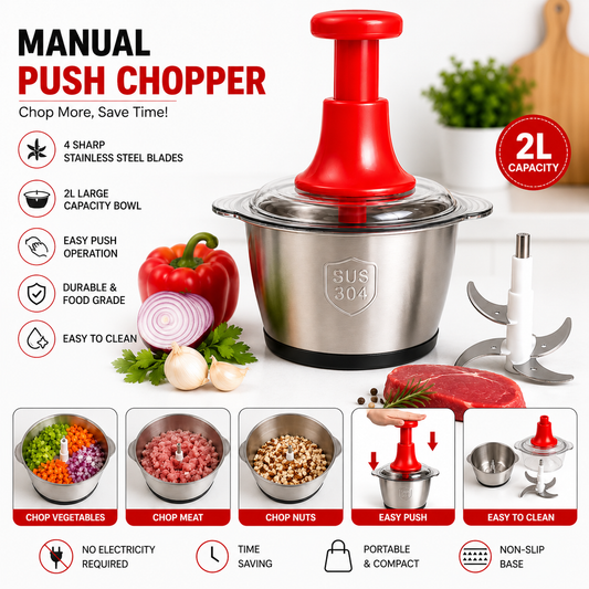 Manual Stainless Steel Multifunctional 2L Hand Push Chopper – 4 Curved Stainless Steel Blades Food Processor for Meat, Vegetables & Fruits