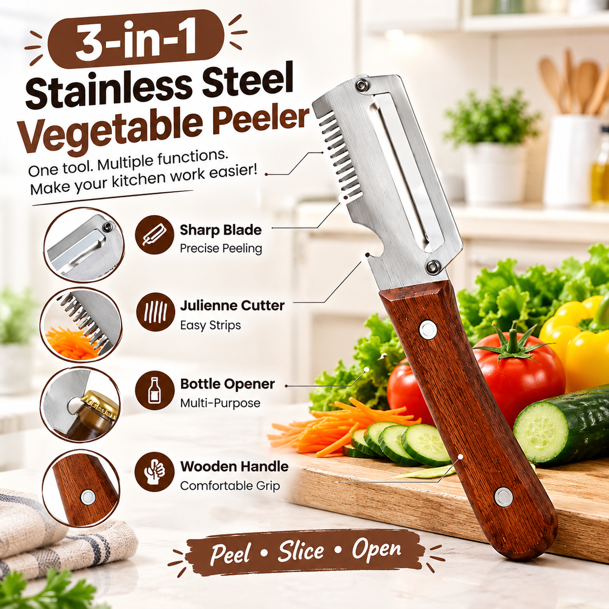 3-in-1 Stainless Steel Vegetable Peeler with Wooden Handle | Fruit & Potato Peeler with Bottle Opener