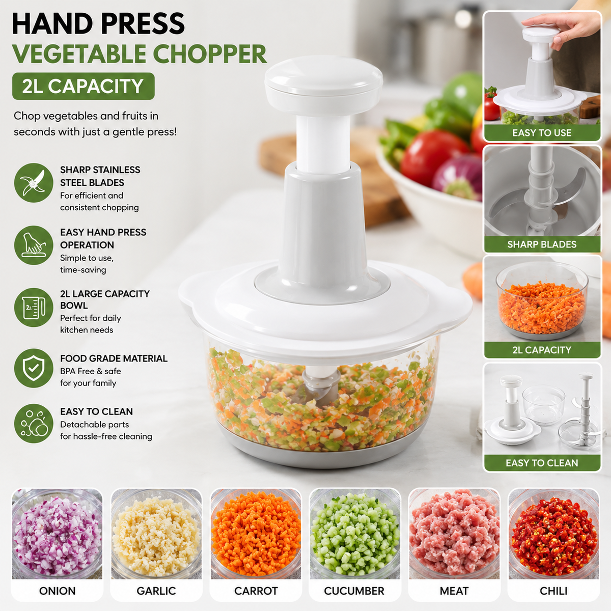 Hand Press Vegetable Chopper 2L