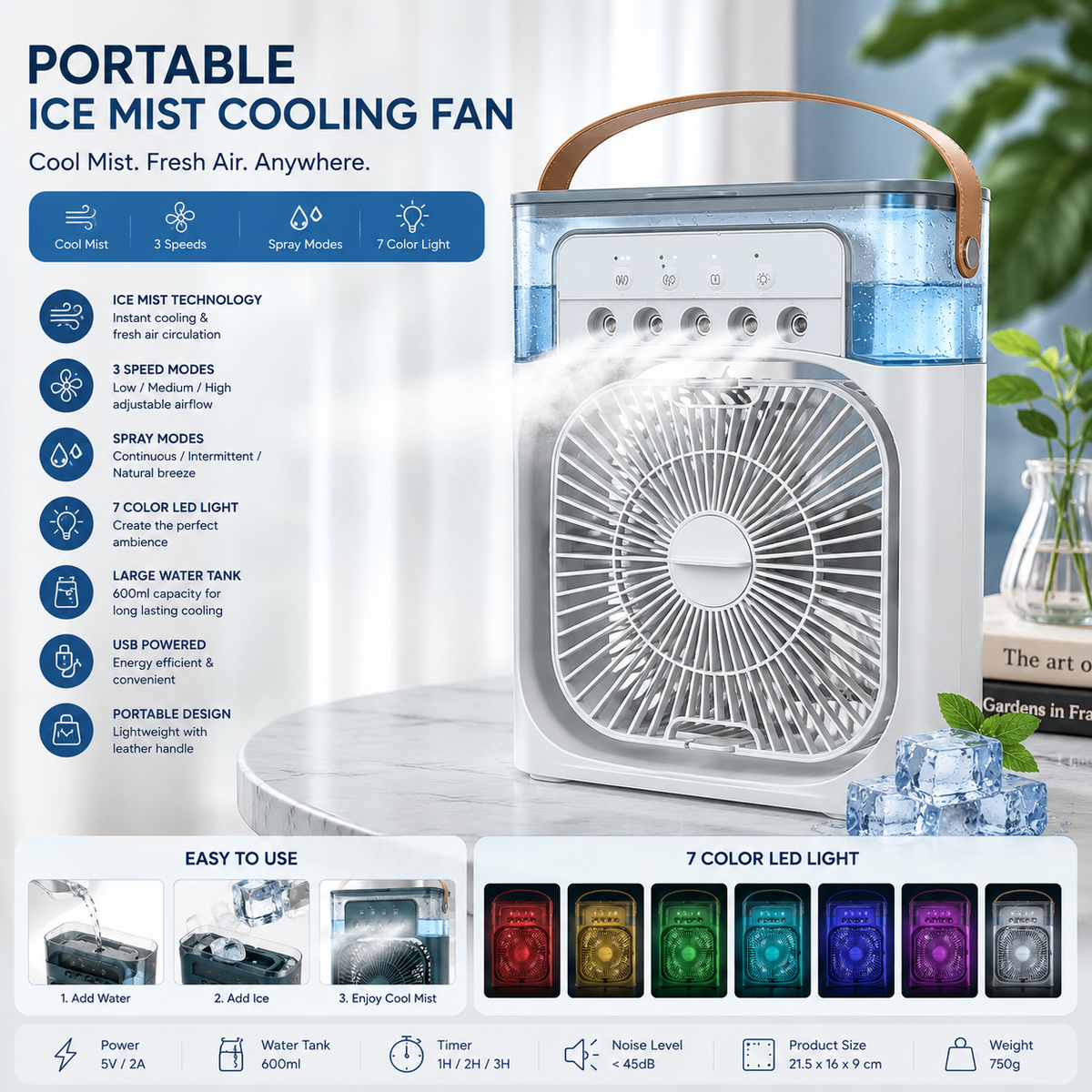Portable Ice Mist Cooling Fan – USB Mini Air Cooler with 3 Speed & Spray Modes