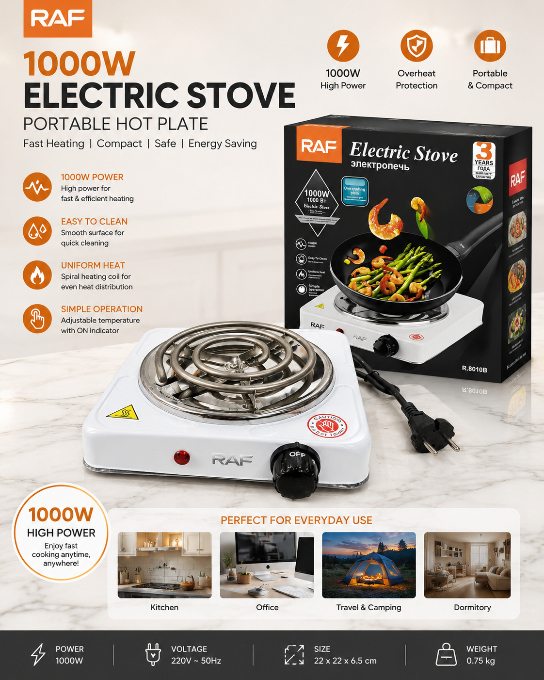 1000W Electric Stove Portable Hot Plate – Fast Heating Single Burner for Kitchen & Travel