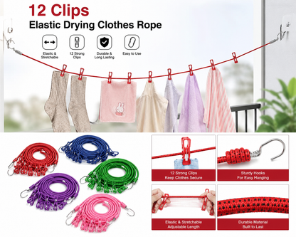 12 Clips Elastic Drying Clothes Rope