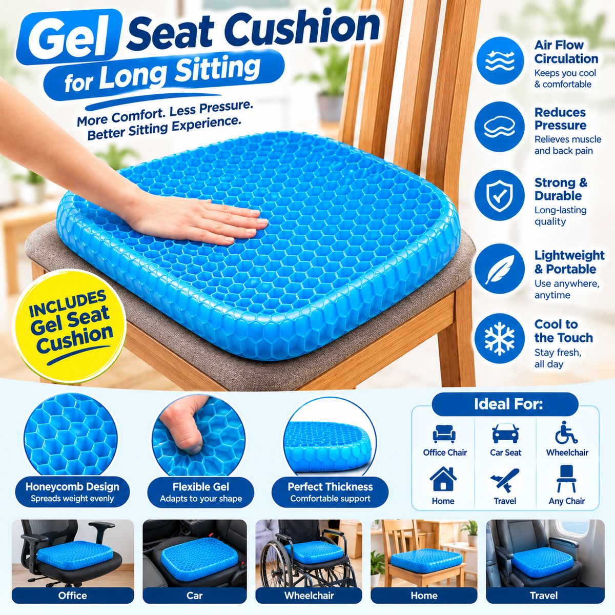 Gel Seat Cushion for Long Sitting | Honeycomb Egg Seat Cushion