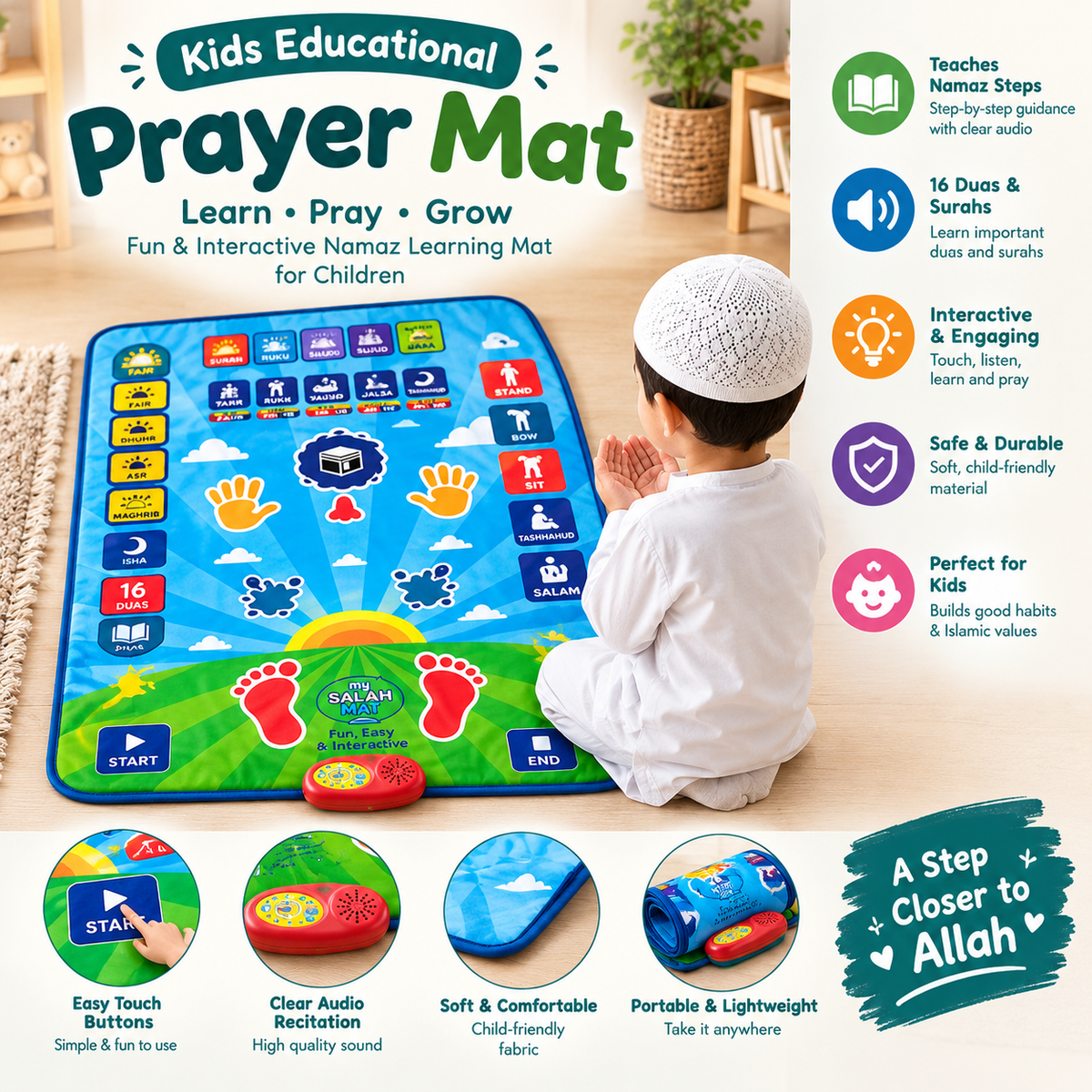 Kids Educational Prayer Mat Namaz Learning Janamaz for Children