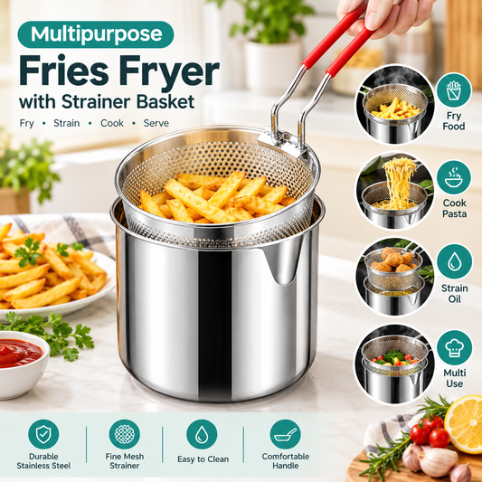 Multipurpose Fries Fryer with Strainer Basket Mesh Frying Pasta Stainless Steel Kitchen Cooking Tools
