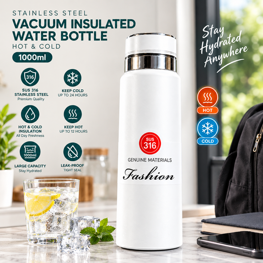 1000ml Stainless Steel Vacuum Insulated Water Bottle - Hot & Cold, Leak-Proof