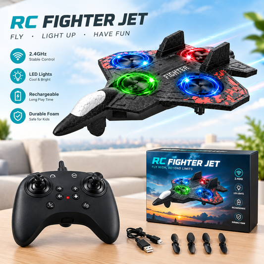 RC Fighter Jet Foam Airplane 2.4GHz with LED Lights Rechargeable for Kids
